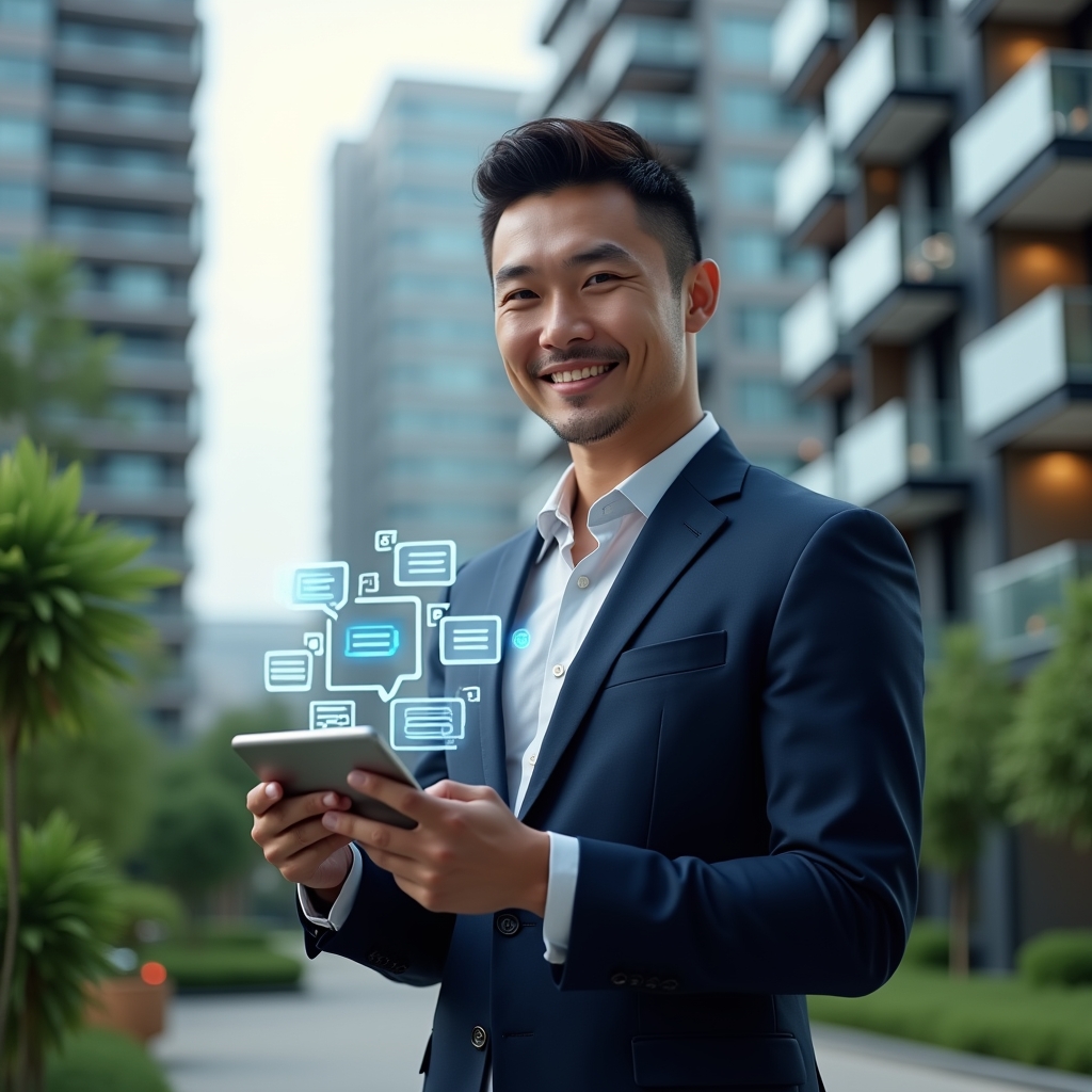 Ultra-realistic condominium property manager in a tailored navy suit, set in a modern luxury condominium environment with high-rise buildings and lush green landscaping, holding a tablet displaying holographic chat bubbles and notifications, holographic icons of messages and alerts floating around, confident and approachable expression, cinematic lighting, shallow depth of field, highly detailed textures, realistic skin, photographic realism, 8k resolution --ar 1:1 --v 6