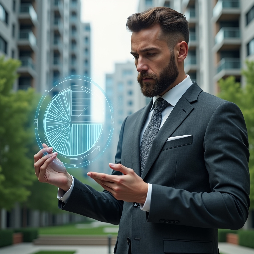 (Ultra-realistic condominium manager in a charcoal gray tailored suit, set in a modern luxury condominium environment with high-rise buildings and lush green landscaping, examining a floating holographic pie chart representing unit fractions, confident and analytical expression, holographic numeric labels and legal document icon subtly integrated, cinematic lighting, shallow depth of field, highly detailed textures, realistic skin, photographic realism, 8k resolution --ar 1:1 --v 6)