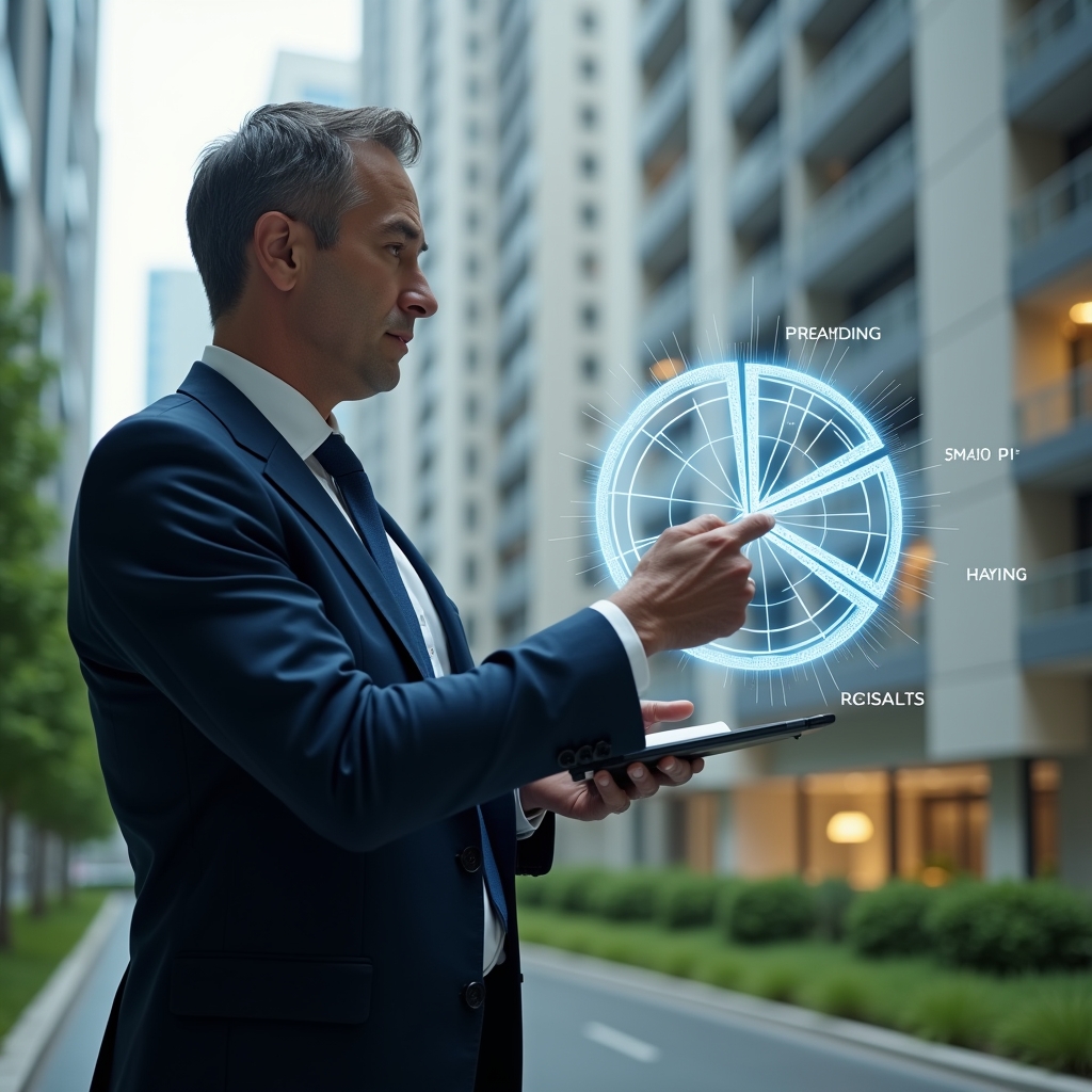 (Ultra-realistic condominium manager in a navy executive suit, set in a modern luxury condominium environment with high-rise buildings and pristine green landscaping, interacting with a floating holographic pie chart that illustrates fractional unit shares, thoughtful expression as they calculate fair cost allocations, cinematic lighting, shallow depth of field, highly detailed textures, realistic skin, photographic realism, 8k resolution --ar 1:1 --v 6)