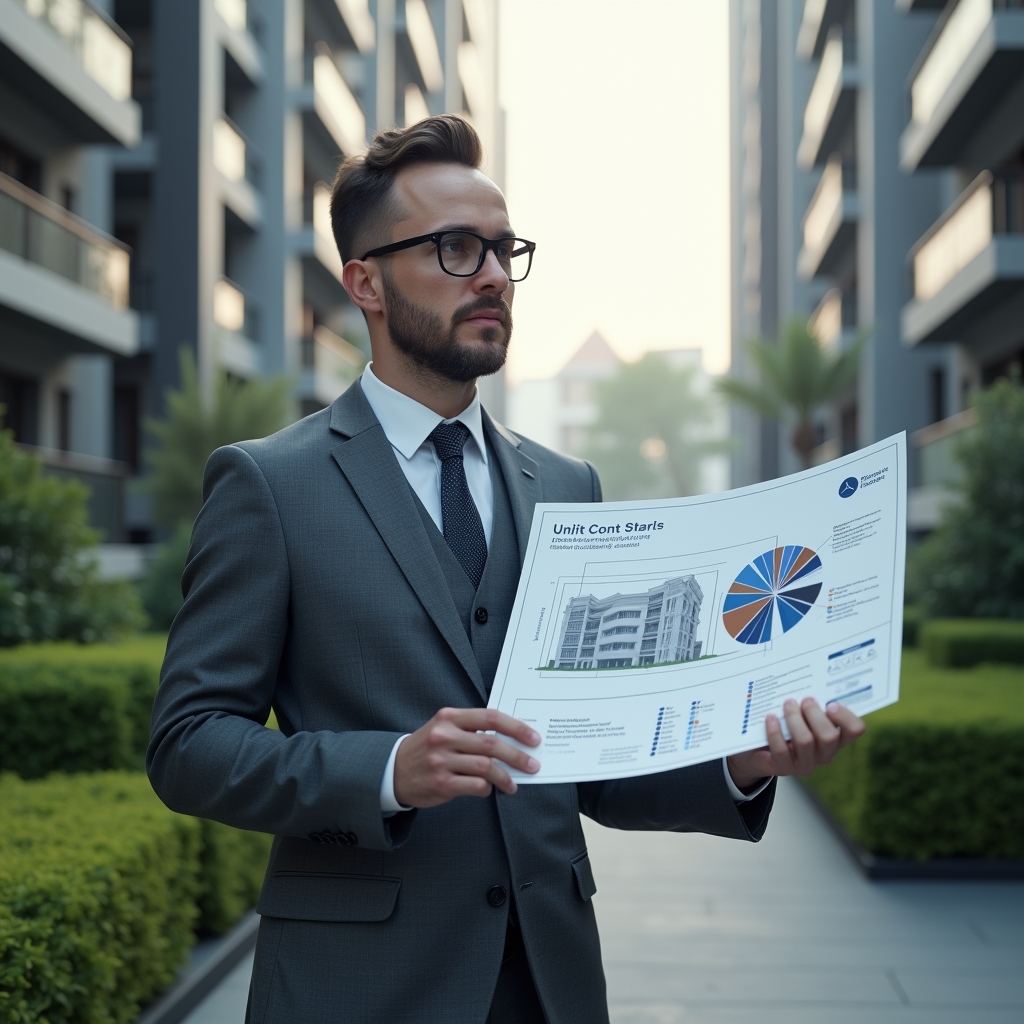 (Ultra-realistic condominium manager in a tailored gray suit, set in a modern luxury condominium environment with high-rise buildings and manicured green landscaping, holding a transparent holographic blueprint of the building with highlighted fraction ideal percentages, thoughtfully analyzing a floating pie chart showing unit cost shares, cinematic lighting, shallow depth of field, highly detailed textures, realistic skin, photographic realism, 8k resolution --ar 1:1 --v 6)