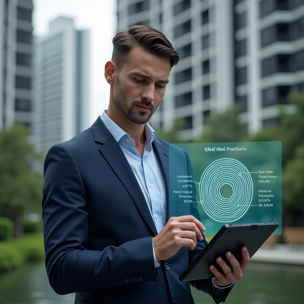 (Ultra-realistic condominium manager in a navy business suit, set in a modern luxury condominium environment with high-rise buildings and lush green landscaping, analyzing a holographic pie chart representing ideal fraction shares of condo fees, holding a digital tablet displaying detailed calculations, confident and focused expression, cinematic lighting, shallow depth of field, highly detailed textures, realistic skin, photographic realism, 8k resolution --ar 1:1 --v 6)