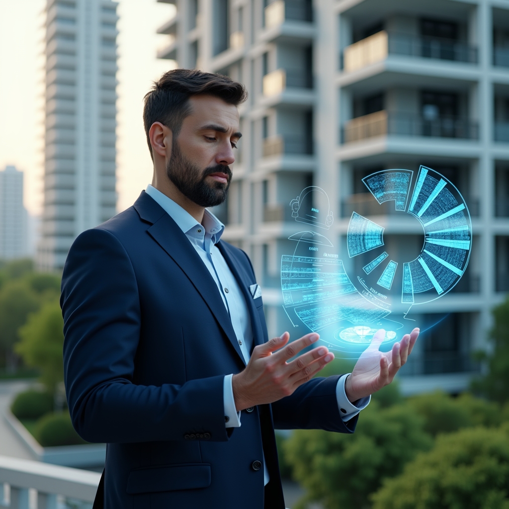 (Ultra-realistic condominium manager in a navy blue suit, set in a modern luxury condominium environment with high-rise buildings and lush green landscaping, confidently examining a floating holographic pie chart of unit fractions, transparent 3D fractional diagrams and assembly documents projected beside them, cinematic lighting, shallow depth of field, highly detailed textures, realistic skin, photographic realism, 8k resolution --ar 1:1 --v 6)