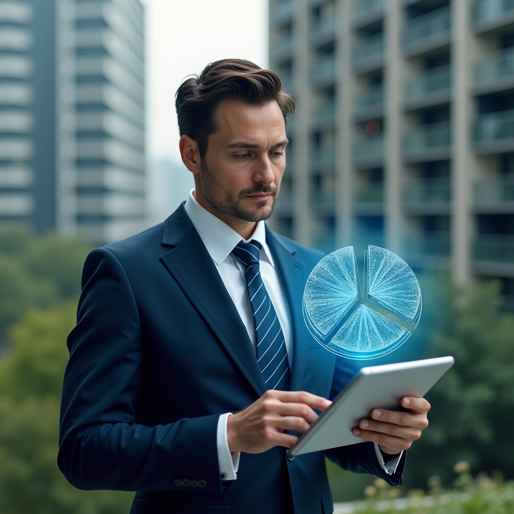 Ultra-realistic condominium manager in a navy blue suit, set in a modern luxury condominium environment with high-rise buildings and green landscaping, holding a tablet displaying holographic fractional values while calculating unit shares, a 3D holographic pie chart representing ideal fractions floating beside them, confident and focused expression, cinematic lighting, shallow depth of field, highly detailed textures, realistic skin, photographic realism, 8k resolution --ar 1:1 --v 6