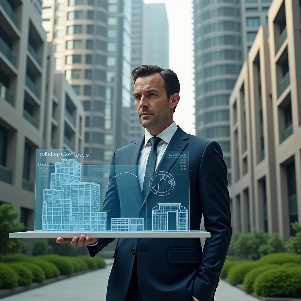 (Ultra-realistic condominium manager in a tailored navy suit, set in a modern luxury condominium environment with high-rise buildings and manicured green landscaping, standing in a medium shot while examining a holographic pie chart displaying unit fractions and fee allocations, a translucent building model floating beside, confident and focused expression, cinematic lighting, shallow depth of field, highly detailed textures, realistic skin, photographic realism, 8k resolution --ar 1:1 --v 6)