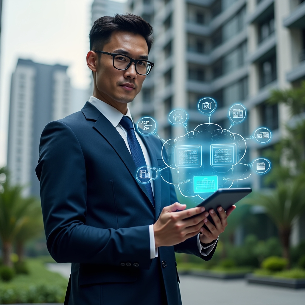 Ultra-realistic condominium manager in a tailored navy blue suit, set in a modern luxury condominium environment with high-rise buildings and green landscaping, confidently holding a digital tablet displaying holographic charts and reservation calendars, surrounded by floating icons of secure access, financial graphs, and maintenance alerts, cinematic lighting, shallow depth of field, highly detailed textures, realistic skin, photographic realism, 8k resolution --ar 1:1 --v 6