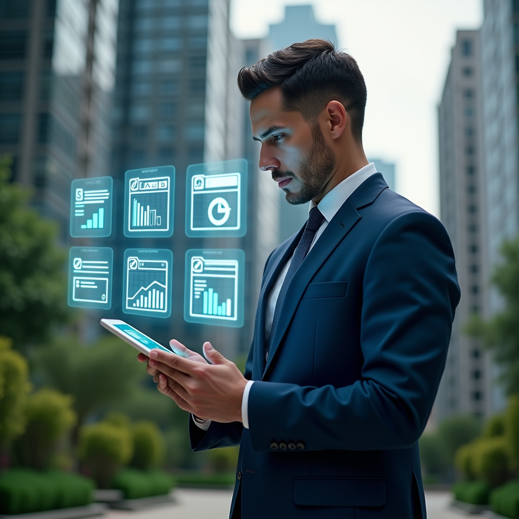 Ultra-realistic condominium manager in a dark blue executive suit, set in a modern luxury condominium environment with high-rise buildings and lush green landscaping, holding a tablet displaying holographic icons of financial charts, reservation calendar, document folders, maintenance tools and notification alerts, confidently analyzing the digital dashboard, cinematic lighting, shallow depth of field, highly detailed textures, realistic skin, photographic realism, 8k resolution --ar 1:1 --v 6