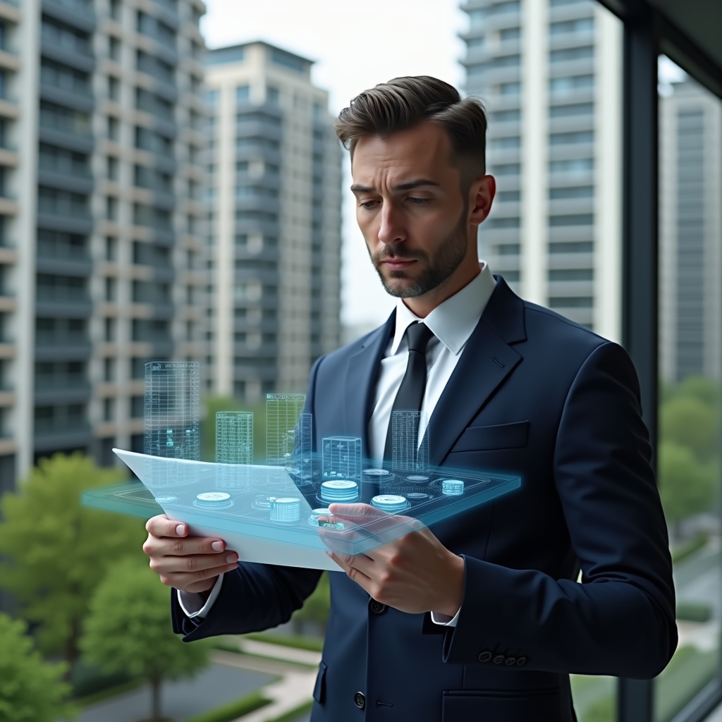 (Ultra-realistic condominium manager in a tailored navy suit, set in a modern luxury condominium environment with high-rise buildings and manicured green landscaping, analyzing a floating holographic budget report with icons of coins and expense charts, confident and focused expression, cinematic lighting, shallow depth of field, highly detailed textures, realistic skin, photographic realism, 8k resolution --ar 1:1 --v 6)