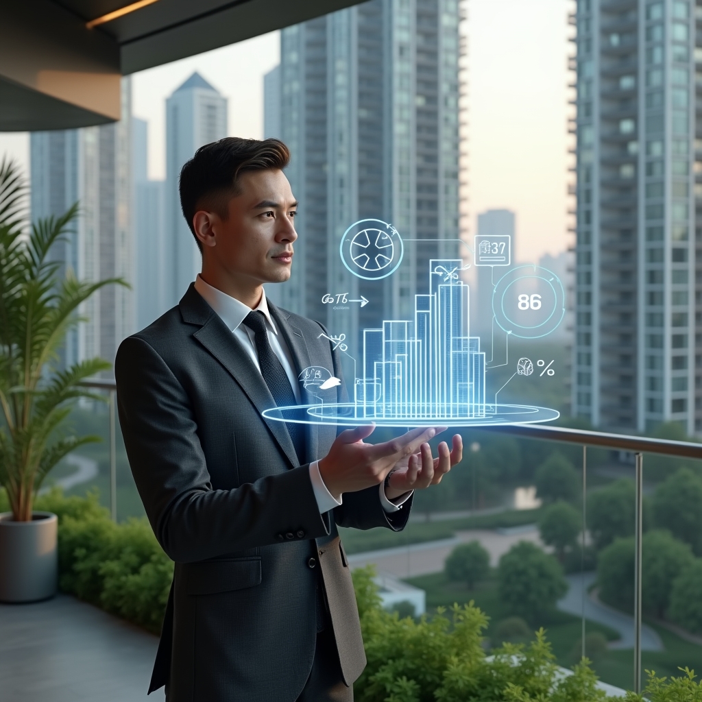 Ultra-realistic condominium manager in a dark gray tailored suit, set in a modern luxury condominium environment with high-rise buildings and green landscaping, standing in a sleek office terrace, thoughtfully analyzing a holographic pie chart displaying fractional ownership percentages, futuristic holographic icons of building units and percentage symbols floating around, confident expression, cinematic lighting, shallow depth of field, highly detailed textures, realistic skin, photographic realism, 8k resolution --ar 1:1 --v 6