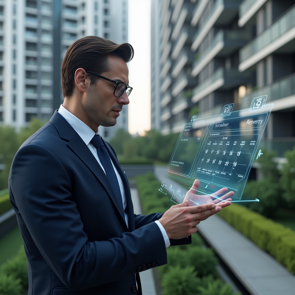 (Ultra-realistic condominium manager in a navy blue executive suit, set in a modern luxury condominium environment with high-rise buildings and green landscaping, examining a floating holographic reservation calendar for common areas with icons for pool, gym, and lounge, confident and focused expression, cinematic lighting, shallow depth of field, highly detailed textures, realistic skin, photographic realism, 8k resolution --ar 1:1 --v 6)
