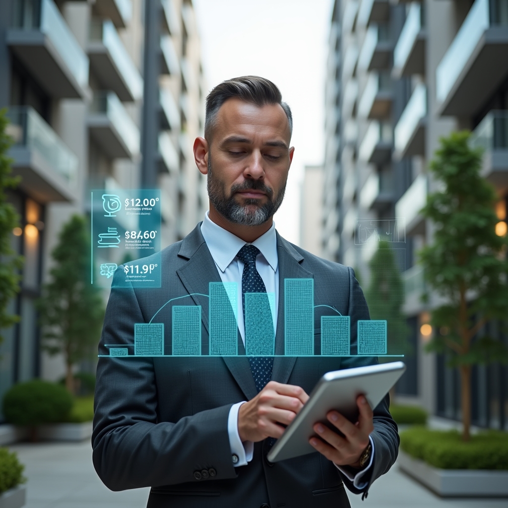 (Ultra-realistic condominium manager in a charcoal gray suit, set in a modern luxury condominium environment with high-rise buildings and manicured greenery, looking confidently at a floating holographic financial chart displaying reserve fund levels, holding a sleek tablet with budget graphs, cinematic lighting, shallow depth of field, highly detailed textures, realistic skin, photographic realism, 8k resolution --ar 1:1 --v 6)