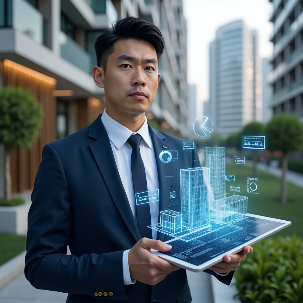 Ultra-realistic condominium manager in a navy blue suit, set in a modern luxury condominium environment with high-rise buildings and manicured green landscaping, holding a tablet projecting a holographic building blueprint and financial charts, a floating holographic pie-chart icon beside them, confident and focused expression, cinematic lighting, shallow depth of field, highly detailed textures, realistic skin, photographic realism, 8k resolution --ar 1:1 --v 6