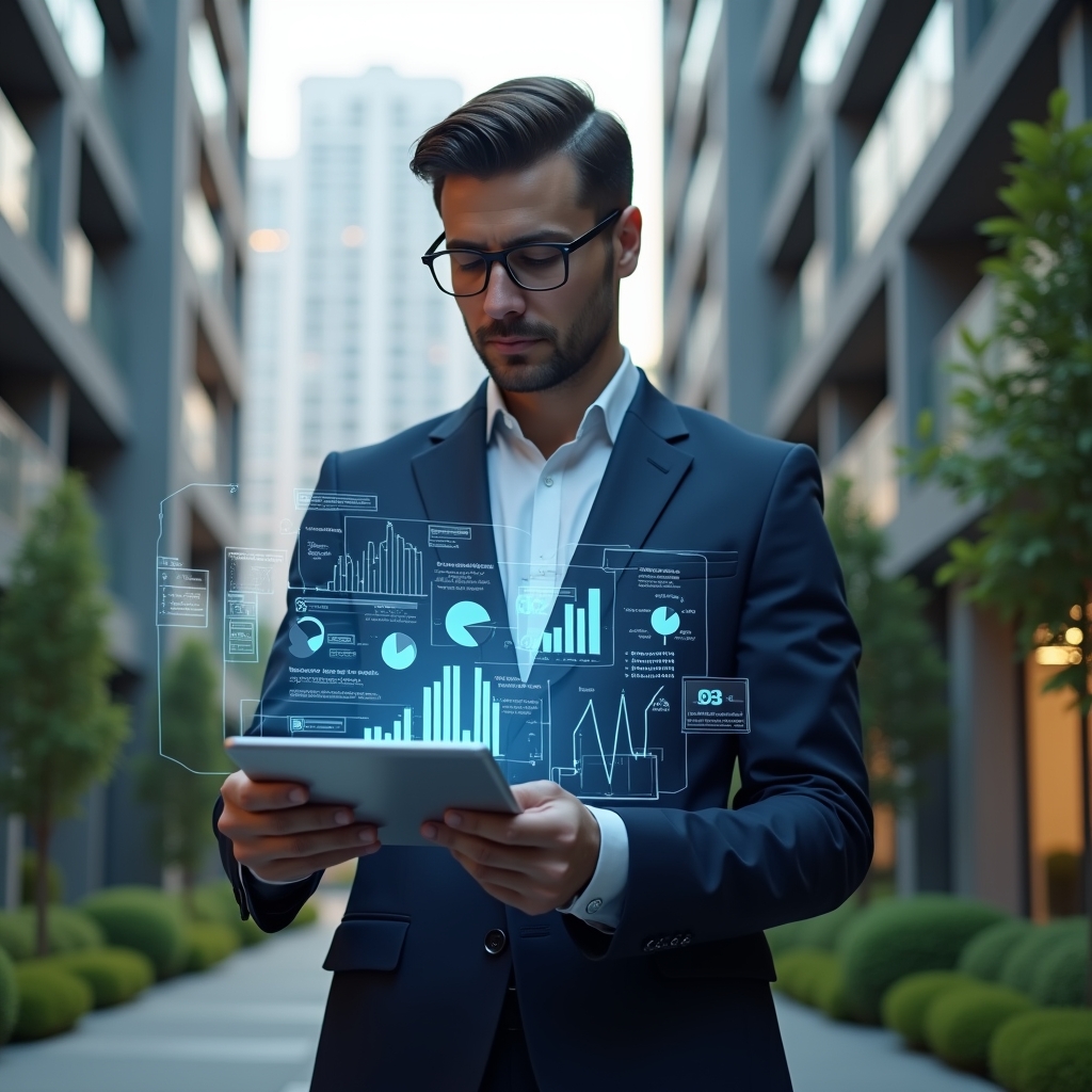 Ultra-realistic condominium manager in a navy blue suit, set in a modern luxury condominium environment with high-rise buildings and lush green landscaping, holding a digital tablet displaying floating holographic pie charts and financial graphs, looking thoughtfully at the data, cinematic lighting, shallow depth of field, highly detailed textures, realistic skin, photographic realism, 8k resolution --ar 1:1 --v 6