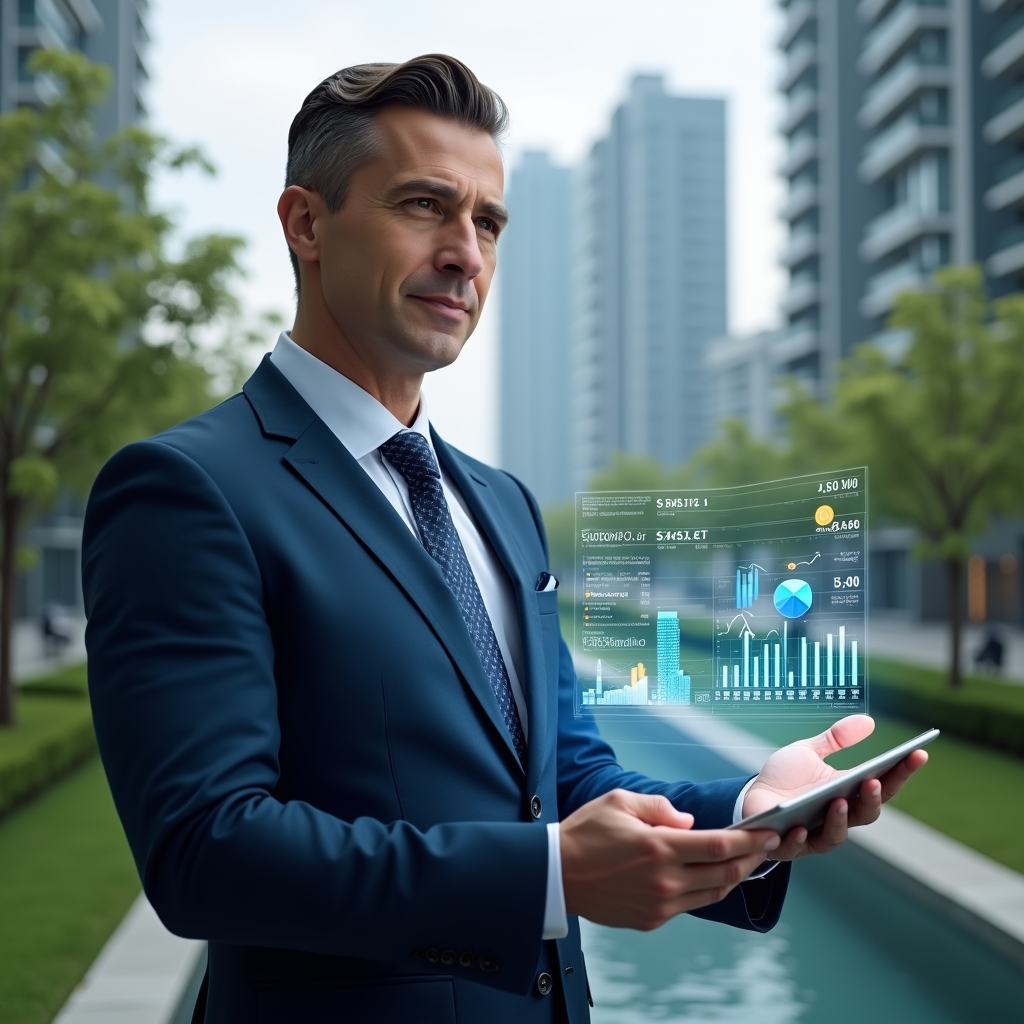 Ultra-realistic condo manager in a navy blue suit, set in a modern luxury condominium environment with high-rise buildings and manicured green landscaping, analyzing a floating holographic expense breakdown with charts and coin icons, confident and focused expression, cinematic lighting, shallow depth of field, highly detailed textures, realistic skin, photographic realism, 8k resolution --ar 1:1 --v 6