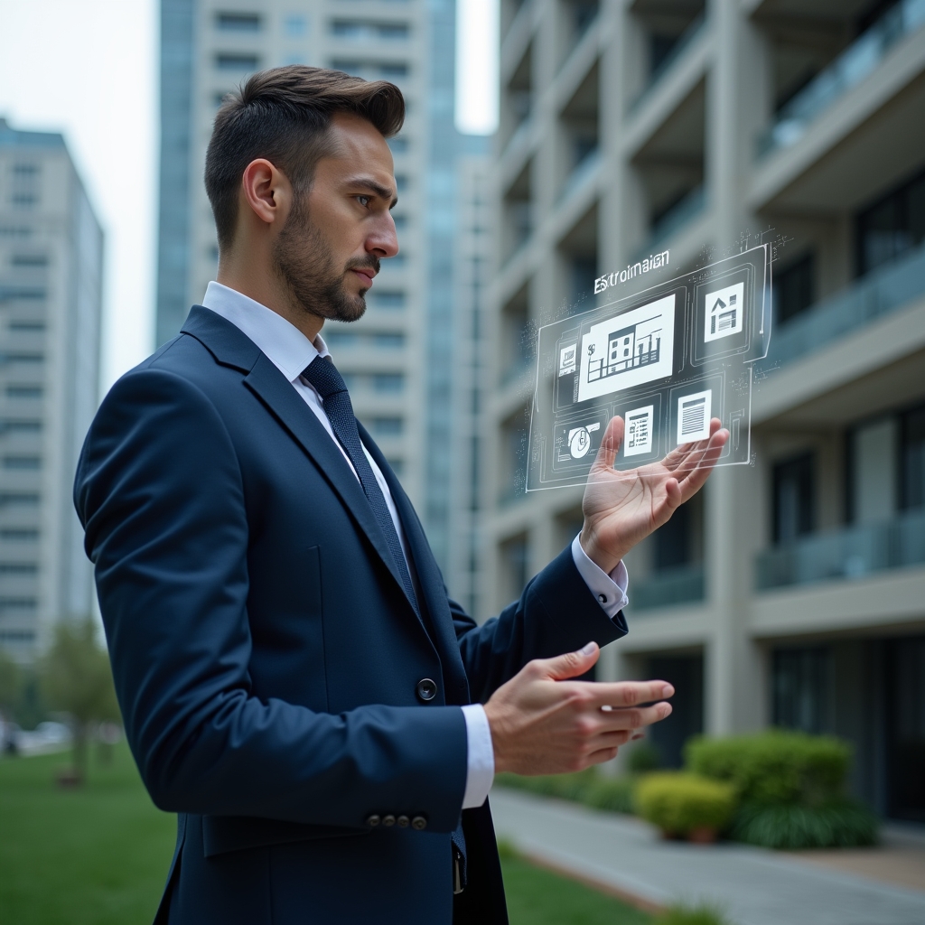 (Ultra-realistic condominium manager in a navy blue tailored suit, set in a modern luxury condominium environment with high-rise buildings and manicured greenery, medium shot of a professional reviewing a transparent holographic financial chart representing extraordinary expenses approval, floating document icons and a digital assembly voting gauge, confident and thoughtful expression, cinematic lighting, shallow depth of field, highly detailed textures, realistic skin, photographic realism, 8k resolution --ar 1:1 --v 6)