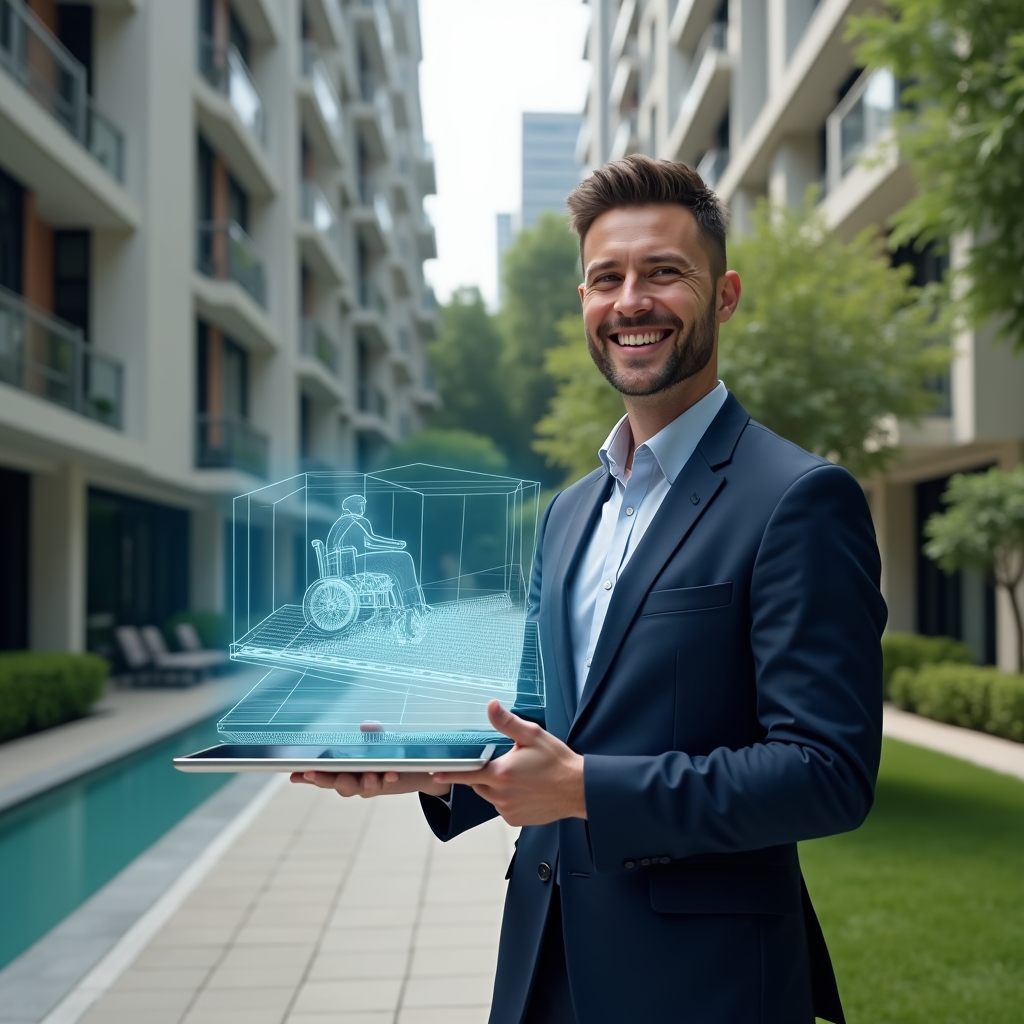 (Ultra-realistic condominium manager in a navy suit, set in a modern luxury condominium environment with high-rise buildings and lush green landscaping, holding a tablet displaying a holographic accessibility ramp blueprint, smiling confidently and gesturing toward a wheelchair-accessible ramp, cinematic lighting, shallow depth of field, highly detailed textures, realistic skin, photographic realism, 8k resolution --ar 1:1 --v 6)