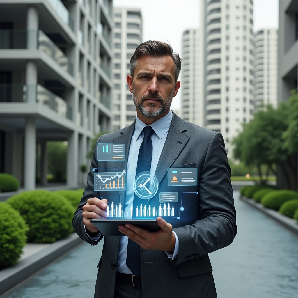 (Ultra-realistic condo manager in a charcoal gray executive suit, set in a modern luxury condominium environment with high-rise buildings and lush green landscaping, holding a digital tablet displaying holographic financial charts and assembly agendas, confident and thoughtful expression, floating icons of charts, meeting gavel, and community figures around them, cinematic lighting, shallow depth of field, highly detailed textures, realistic skin, photographic realism, 8k resolution --ar 1:1 --v 6)