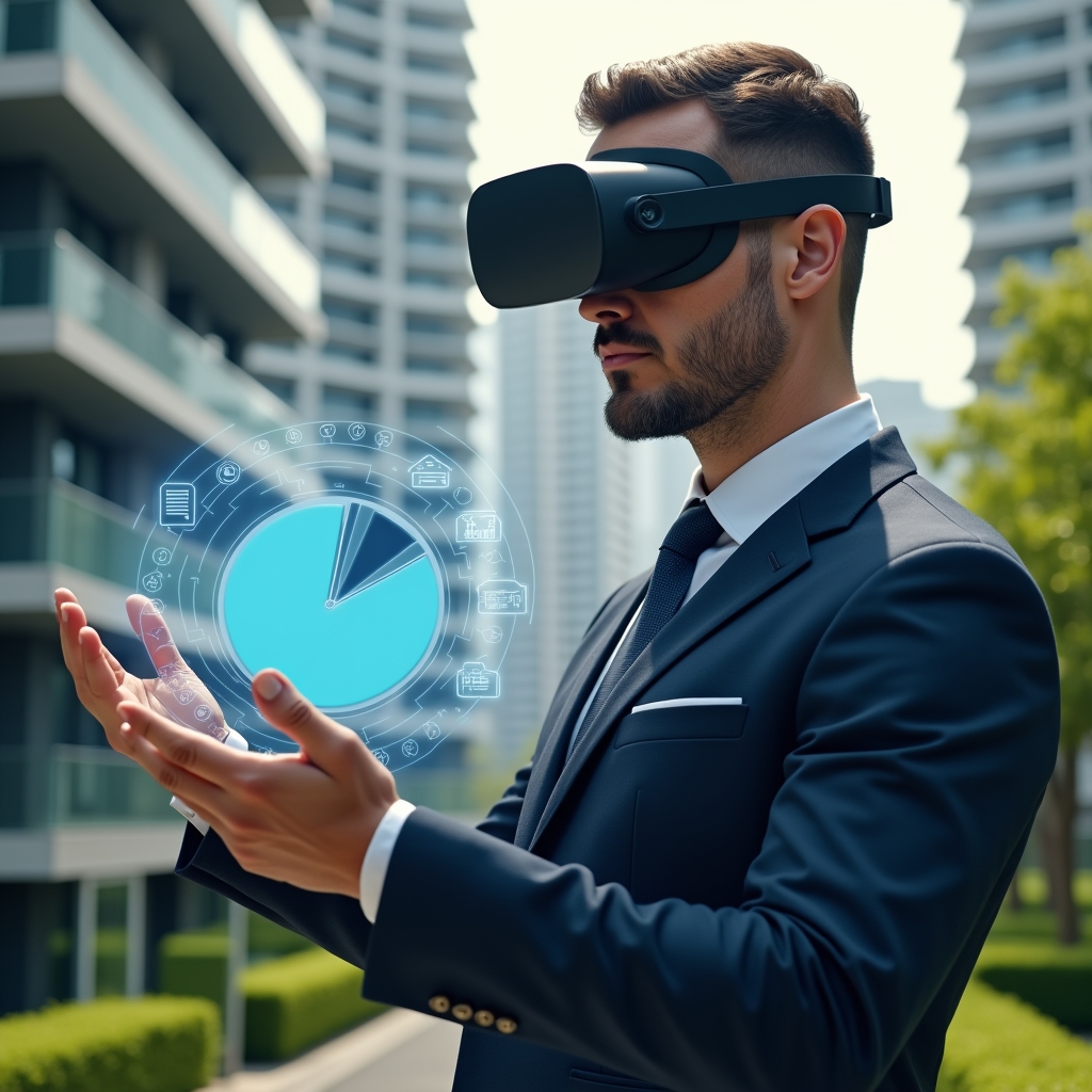 Ultra-realistic property manager in a navy executive suit, set in a modern luxury condominium environment with high-rise buildings and lush green landscaping, mid-shot close-up examining a floating holographic financial dashboard displaying “Ordinary vs Extraordinary Expenses” pie chart and document icons, confident and analytical expression, cinematic lighting, shallow depth of field, highly detailed textures, realistic skin, photographic realism, 8k resolution --ar 1:1 --v 6