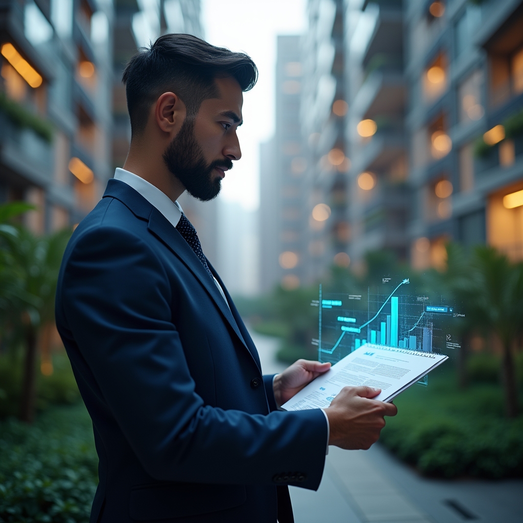 (Ultra-realistic condominium manager in a navy suit, set in a modern luxury condominium environment with high-rise buildings and lush green landscaping, holding and examining a holographic financial report with glowing charts and graphs, confident and focused expression, cinematic lighting, shallow depth of field, highly detailed textures, realistic skin, photographic realism, 8k resolution --ar 1:1 --v 6)