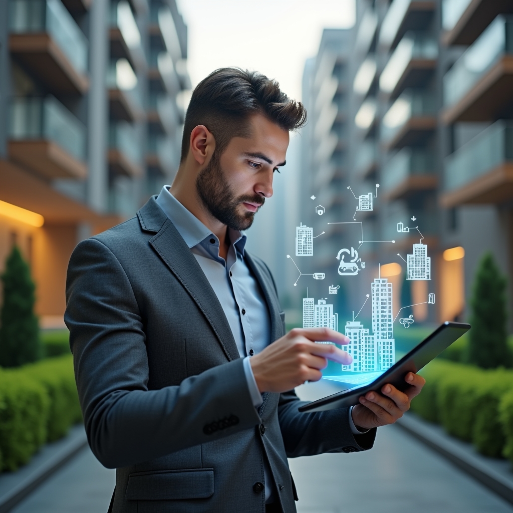 Ultra-realistic condominium manager in a charcoal gray suit, set in a modern luxury condominium environment with high-rise buildings and manicured green landscaping, examining a holographic pie chart of expense distribution with a thoughtful expression, floating 3D icons of buildings and currency symbols around him, cinematic lighting, shallow depth of field, highly detailed textures, realistic skin, photographic realism, 8k resolution --ar 1:1 --v 6