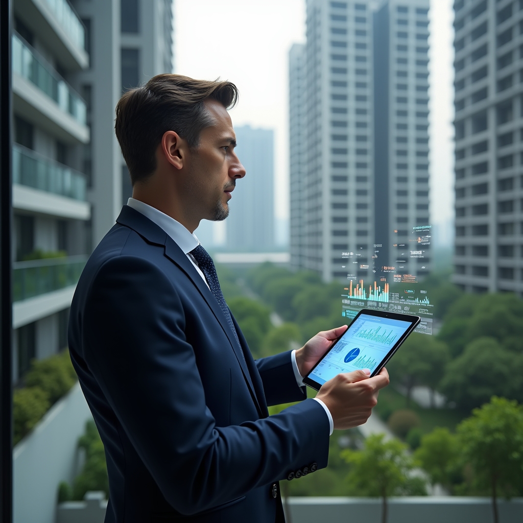 Ultra-realistic condominium manager in a dark navy executive suit, set in a modern luxury condominium environment with high-rise buildings and meticulously landscaped greenery, holding a tablet displaying floating holographic financial charts and graphs, confidently analyzing key performance indicators, cinematic lighting, shallow depth of field, highly detailed textures, realistic skin, photographic realism, 8k resolution --ar 1:1 --v 6