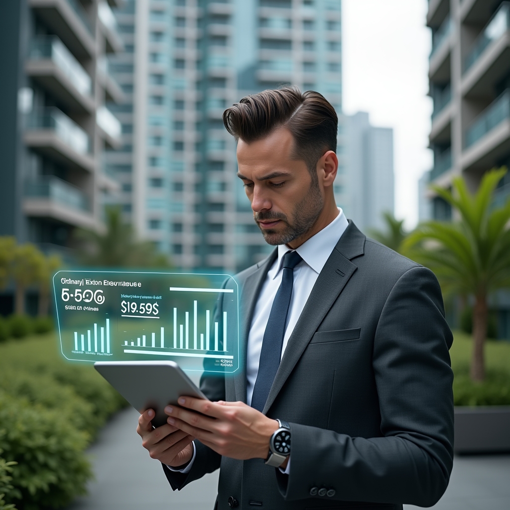 Ultra-realistic condominium manager in a charcoal gray suit, set in a modern luxury condominium environment with high-rise buildings and green landscaping, analyzing a holographic financial dashboard displaying ordinary vs. extraordinary expenses, holding a digital tablet with budget charts floating above it, confident and focused expression, cinematic lighting, shallow depth of field, highly detailed textures, realistic skin, photographic realism, 8k resolution --ar 1:1 --v 6