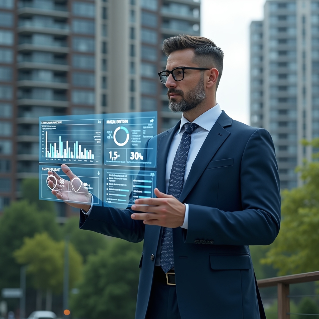 Ultra-realistic condominium manager in a navy blue tailored suit, set in a modern luxury condominium environment with high-rise buildings and green landscaping, confidently examining a holographic dashboard of performance indicators—transparent charts and icons representing occupancy rates, maintenance costs, energy consumption and satisfaction scores—cinematic lighting, shallow depth of field, highly detailed textures, realistic skin, photographic realism, 8k resolution --ar 1:1 --v 6