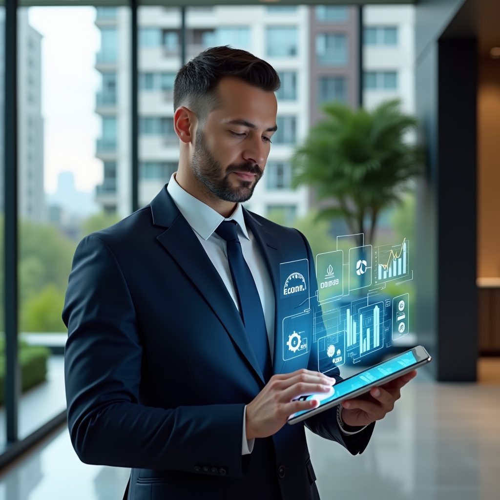 Ultra-realistic condominium manager in a sleek navy suit, standing in a modern luxury condominium lobby with high-rise buildings and manicured greenery visible through glass walls, holding a tablet projecting holographic icons of an innovative management app and dynamic efficiency charts, displaying a confident, focused expression, cinematic lighting, shallow depth of field, highly detailed textures, realistic skin, photographic realism, 8k resolution --ar 1:1 --v 6