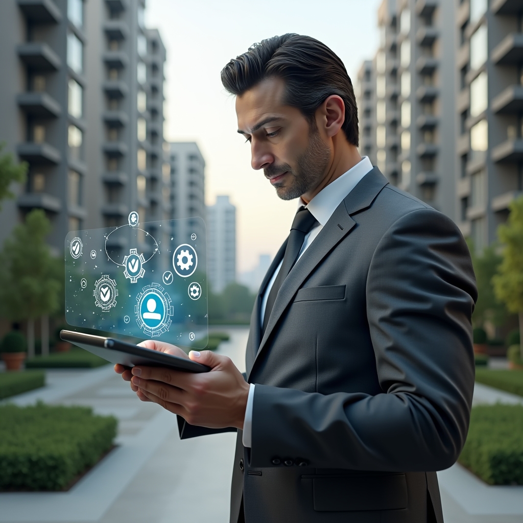 (Ultra-realistic property manager in a charcoal gray suit, set in a modern luxury condominium environment with high-rise buildings and meticulously landscaped gardens, examining a digital tablet displaying a maintenance schedule hologram, with floating icons of gears and checkmarks around them, confident and focused expression, cinematic lighting, shallow depth of field, highly detailed textures, realistic skin, photographic realism, 8k resolution --ar 1:1 --v 6)