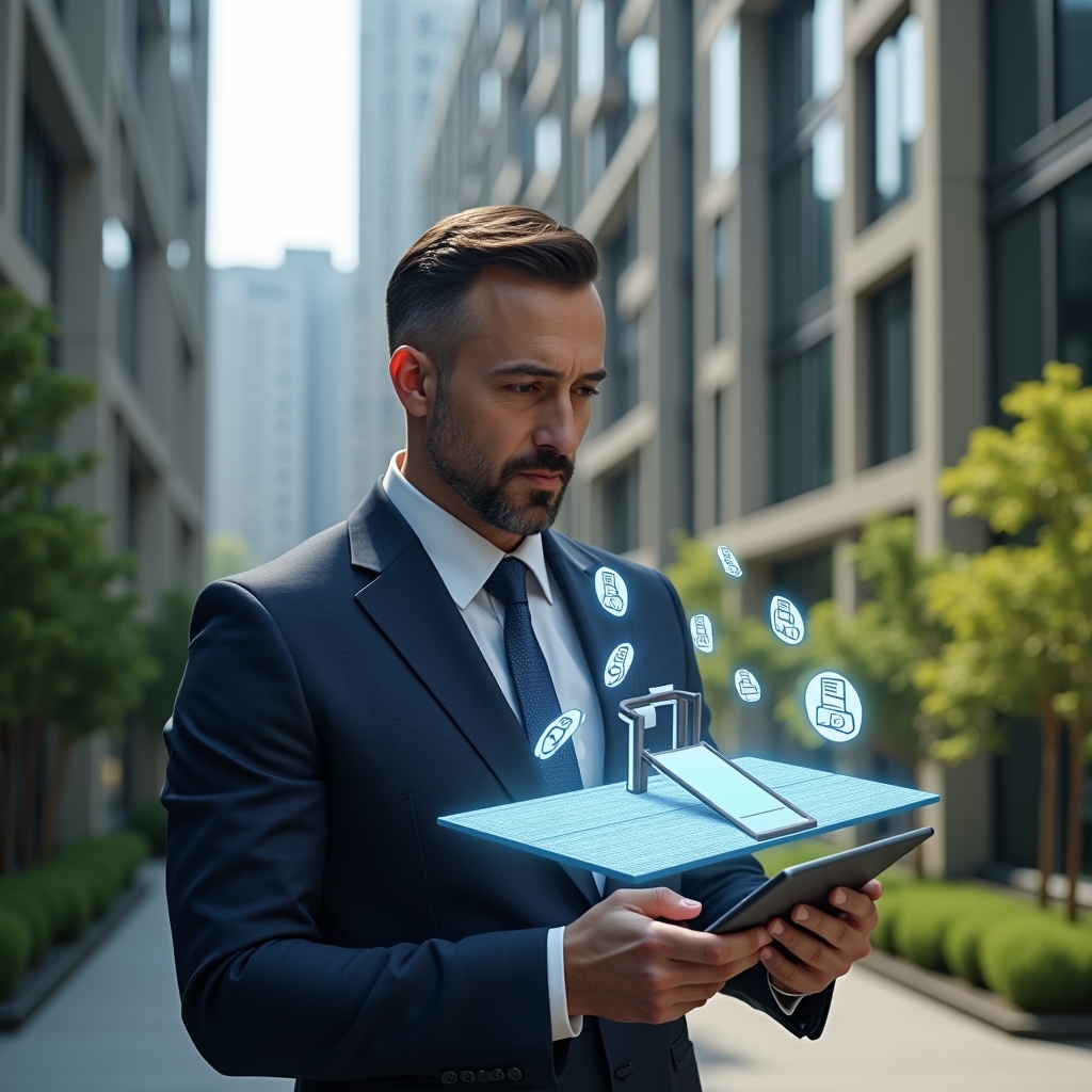 (Ultra-realistic condominium manager in a tailored navy suit, set in a modern luxury condominium environment with high-rise buildings and meticulously landscaped greenery, holding a tablet displaying a holographic 3D model of an accessible ramp and tactile paving, thoughtful expression as digital icons of wheelchair access and legal documents float around, cinematic lighting, shallow depth of field, highly detailed textures, realistic skin, photographic realism, 8k resolution --ar 1:1 --v 6)