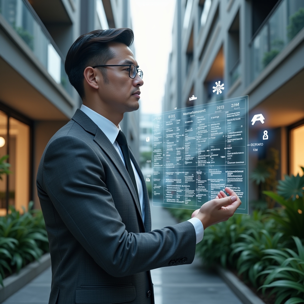 Ultra-realistic condo manager in a charcoal gray tailored suit, set in a modern luxury condominium environment with high-rise buildings and lush green landscaping, interacting with a holographic calendar schedule displaying maintenance tasks in five steps, holographic icons of tools and gears floating around, confident expression and focused gaze, cinematic lighting, shallow depth of field, highly detailed textures, realistic skin, photographic realism, 8k resolution --ar 1:1 --v 6