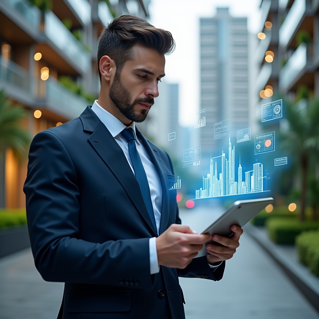 Ultra-realistic condominium manager in a navy executive suit, set in a modern luxury condominium environment with high-rise buildings and lush green landscaping, holding a tablet displaying holographic app icons and interactive charts, analyzing with a thoughtful, confident expression, floating translucent symbols of buildings and graphs around, cinematic lighting, shallow depth of field, highly detailed textures, realistic skin, photographic realism, 8k resolution --ar 1:1 --v 6