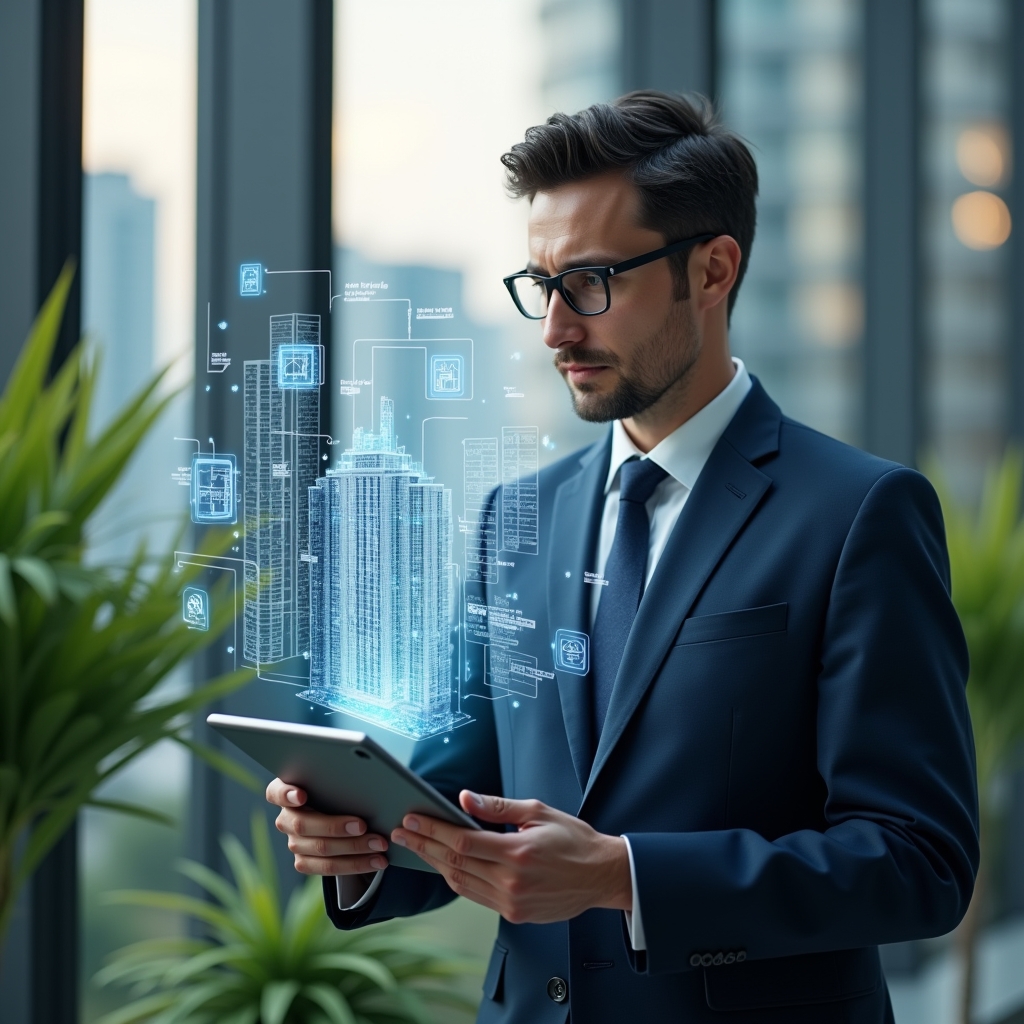 (Ultra-realistic condominium manager in a tailored navy suit, set in a modern luxury condominium environment with high-rise buildings and lush green landscaping, examining floating holographic charts and icons of smart building systems and IoT sensors while holding a sleek tablet, futuristic and inspiring atmosphere, cinematic lighting, shallow depth of field, highly detailed textures, realistic skin, photographic realism, 8k resolution --ar 1:1 --v 6)