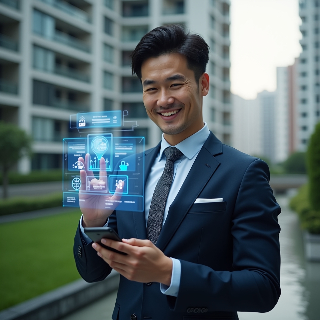 (Ultra-realistic condominium manager in a tailored navy suit, set in a modern luxury condominium environment with high-rise buildings and lush green landscaping, holding a smartphone and interacting with a floating holographic interface displaying booking icons and notification symbols, conveying efficiency and transparency, confident expression, cinematic lighting, shallow depth of field, highly detailed textures, realistic skin, photographic realism, 8k resolution --ar 1:1 --v 6)