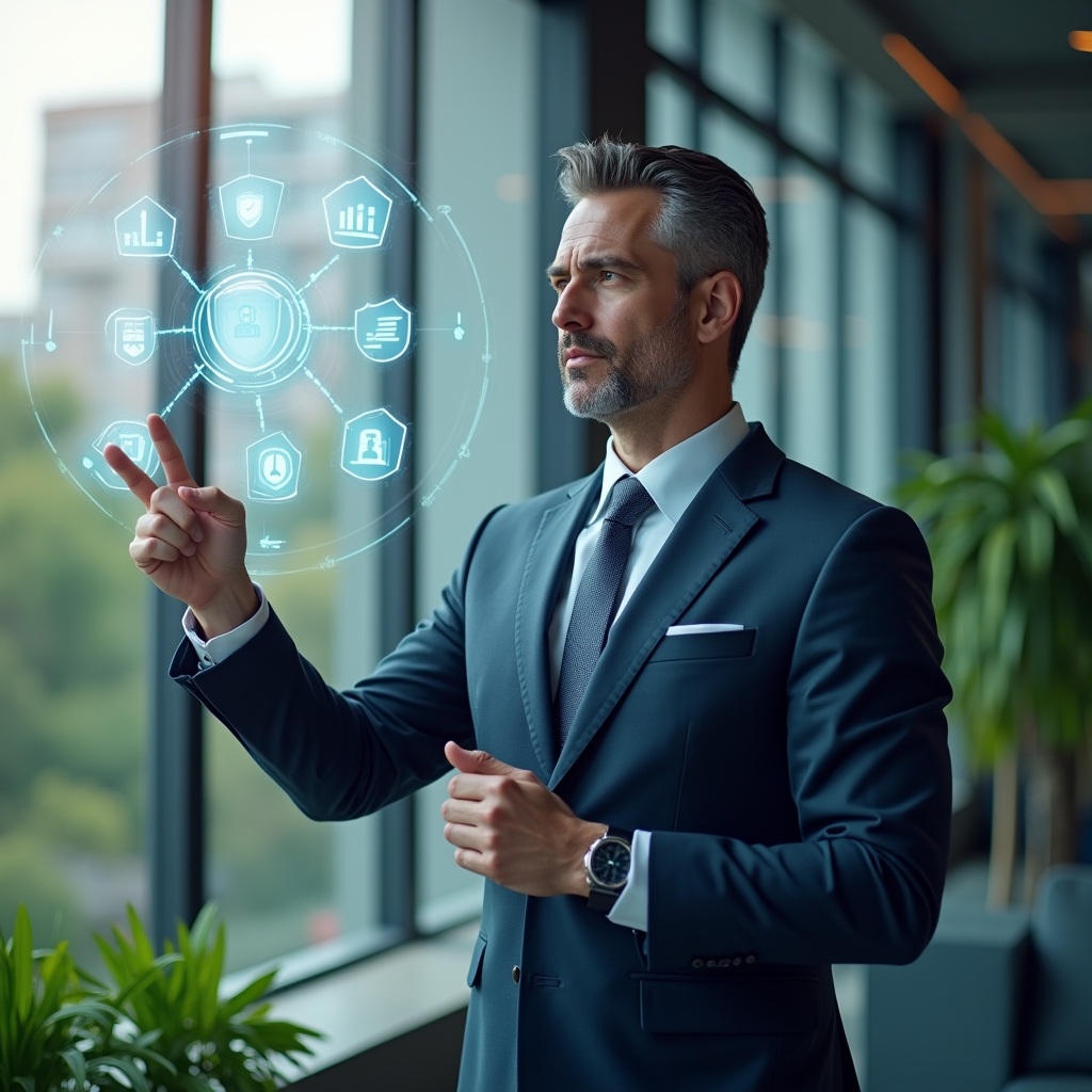 (Ultra-realistic condominium manager in a tailored navy suit, set in a modern luxury condominium environment with high‐rise buildings and lush green landscaping, medium close-up of a confident professional gesture-driving a holographic dashboard of checklists, security shield icons and performance graphs, cinematic lighting, shallow depth of field, highly detailed textures, realistic skin, photographic realism, 8k resolution --ar 1:1 --v 6)