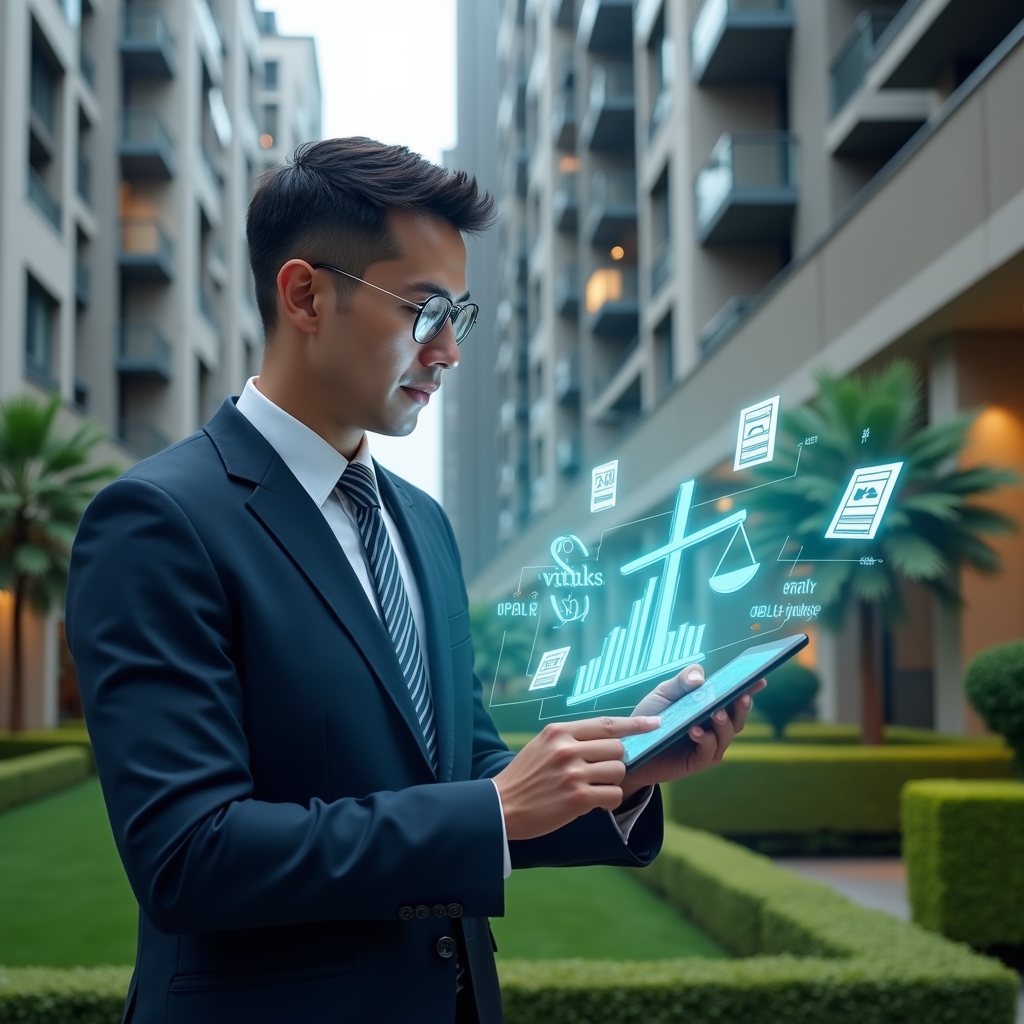 Ultra-realistic condominium manager in a navy executive suit, set in a modern luxury condominium environment with high-rise buildings and manicured green landscaping, medium shot focusing on the manager examining a holographic chart of unit ideal fractions projected from a tablet, floating icons of balanced scales and voting ballots symbolizing fair cost distribution and voting rights, confident expression, cinematic lighting, shallow depth of field, highly detailed textures, realistic skin, photographic realism, 8k resolution --ar 1:1 --v 6