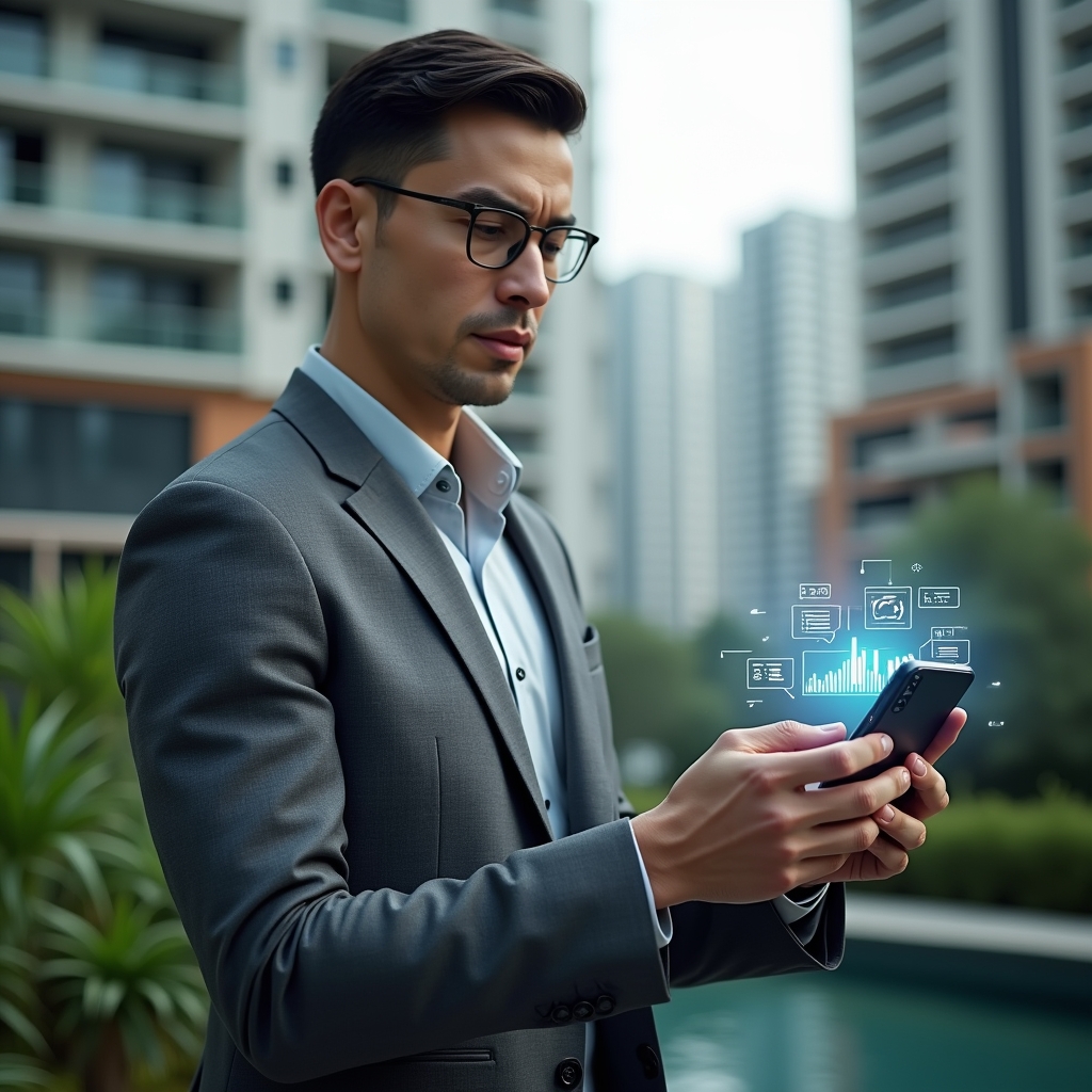 Ultra-realistic condominium manager in a sleek gray suit, set in a modern luxury condominium environment with high-rise buildings and lush green landscaping, holding a smartphone projecting a holographic app interface with charts and instant notifications, confident and focused expression, cinematic lighting, shallow depth of field, highly detailed textures, realistic skin, photographic realism, 8k resolution --ar 1:1 --v 6