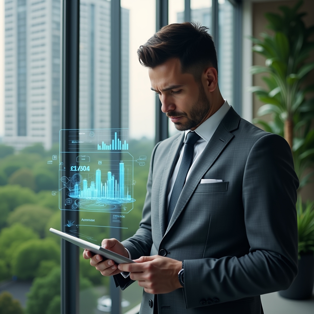 Ultra-realistic condominium manager in a charcoal gray executive suit, set in a modern luxury condominium environment with high-rise buildings and meticulously landscaped greenery, confidently analyzing a holographic financial dashboard for expense allocation on a tablet, floating charts and data projections symbolizing digital rateio and approval, cinematic lighting, shallow depth of field, highly detailed textures, realistic skin, photographic realism, 8k resolution --ar 1:1 --v 6