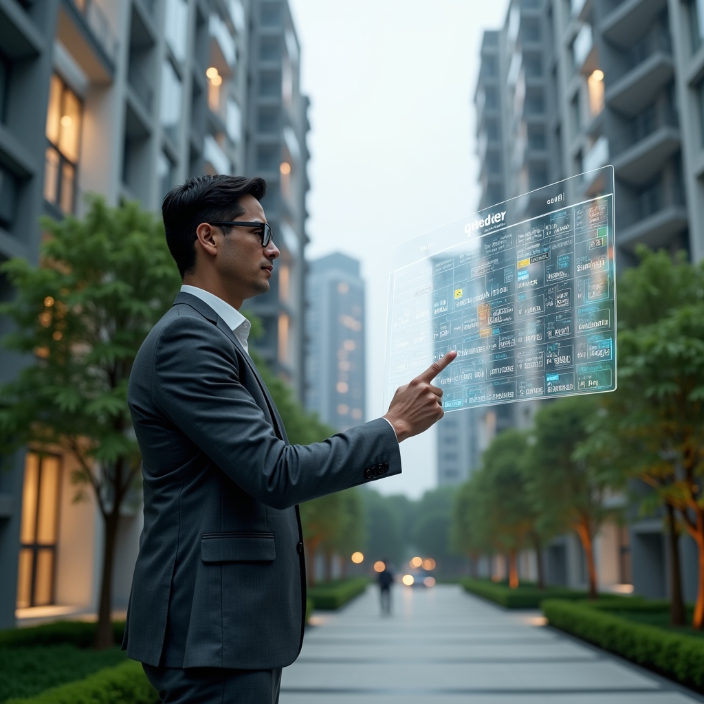 (Ultra-realistic condominium manager in a charcoal gray suit, set in a modern luxury condominium environment with high-rise buildings and meticulously manicured green landscaping, medium shot reviewing a floating holographic calendar grid with task icons and deadline markers, interacting confidently with digital schedule overlays, cinematic lighting, shallow depth of field, highly detailed textures, realistic skin, photographic realism, 8k resolution --ar 1:1 --v 6)