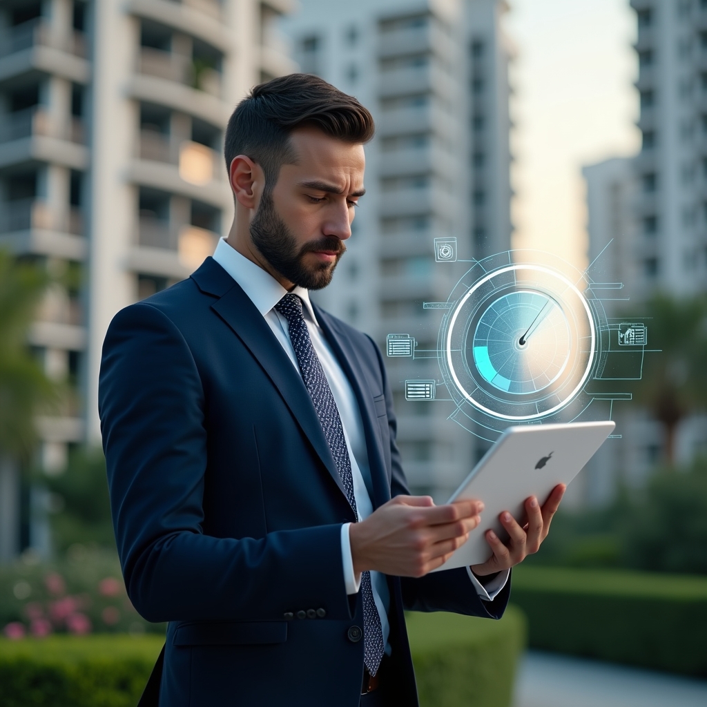 (Ultra-realistic condominium manager in a tailored navy suit, set in a modern luxury condominium environment with high-rise buildings and meticulously manicured greenery, examining a holographic pie chart representing fração ideal calculations, floating financial icons and blueprint overlays, thoughtful expression, cinematic lighting, shallow depth of field, highly detailed textures, realistic skin, photographic realism, 8k resolution --ar 1:1 --v 6)