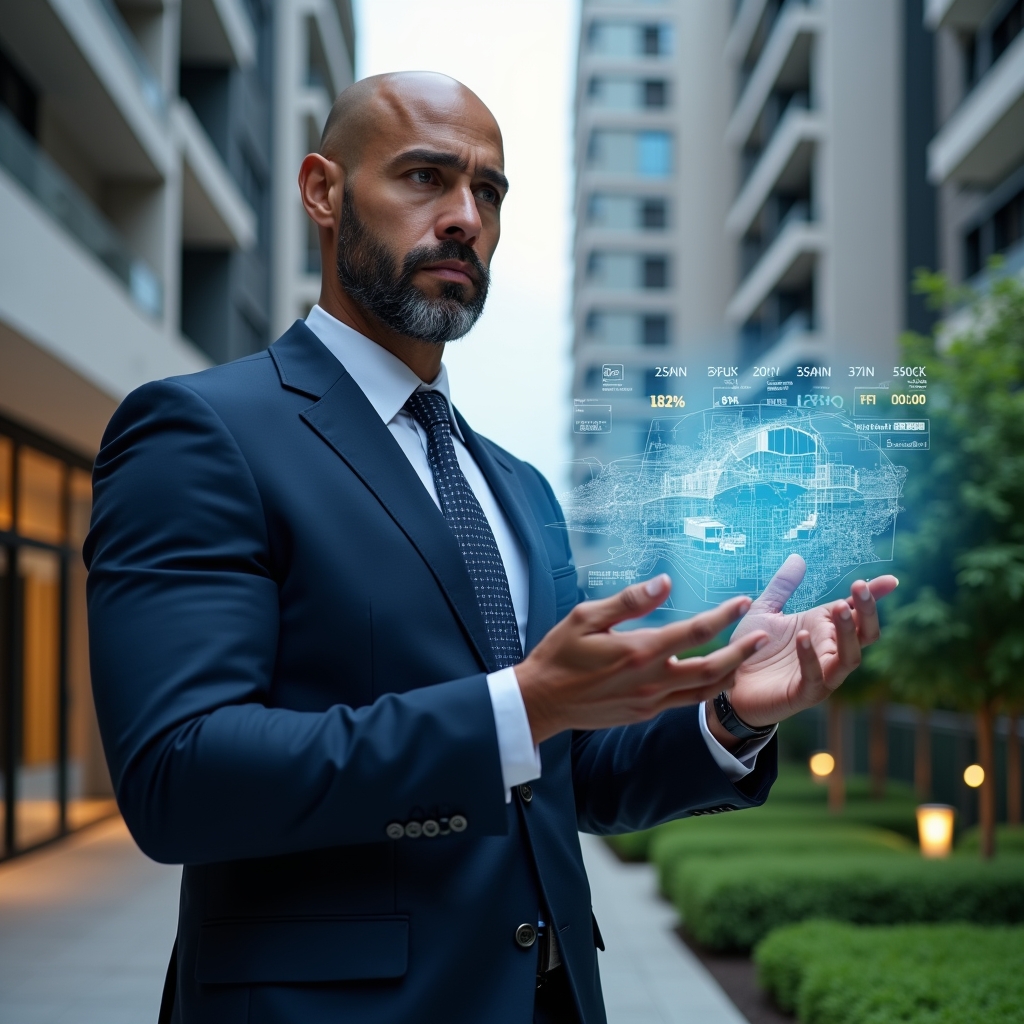 Ultra-realistic condominium manager in a tailored navy blue suit, set in a modern luxury condominium environment with high-rise buildings and manicured green landscaping, analyzing a holographic pie chart overlaid on a building blueprint to illustrate unit fractions, floating percentage and currency icons, confident and focused expression, cinematic lighting, shallow depth of field, highly detailed textures, realistic skin, photographic realism, 8k resolution --ar 1:1 --v 6