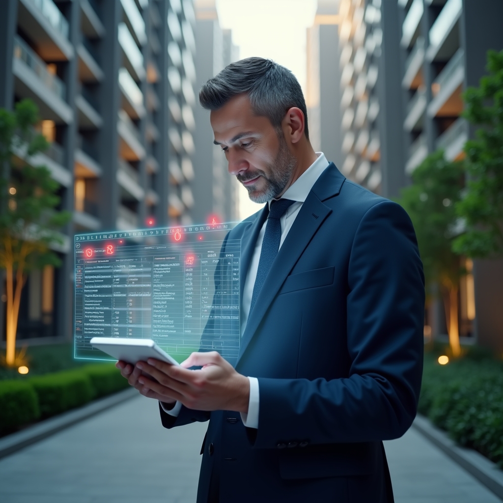 (Ultra-realistic condominium manager in a dark blue tailored suit reviewing a holographic budget spreadsheet on a transparent tablet, set in a modern luxury condominium environment with high-rise buildings and manicured greenery, the manager looking thoughtful as red warning icons float around, cinematic lighting, shallow depth of field, highly detailed textures, realistic skin, photographic realism, 8k resolution --ar 1:1 --v 6)