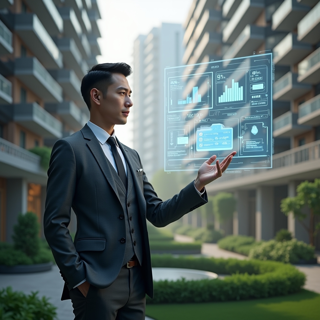 (Ultra-realistic condominium manager in a charcoal gray executive suit, set in a modern luxury condominium environment with high-rise buildings and lush green landscaping, interacting with a floating holographic dashboard showing digital management metrics and apartment icons, confident and focused expression, cinematic lighting, shallow depth of field, highly detailed textures, realistic skin, photographic realism, 8k resolution --ar 1:1 --v 6)