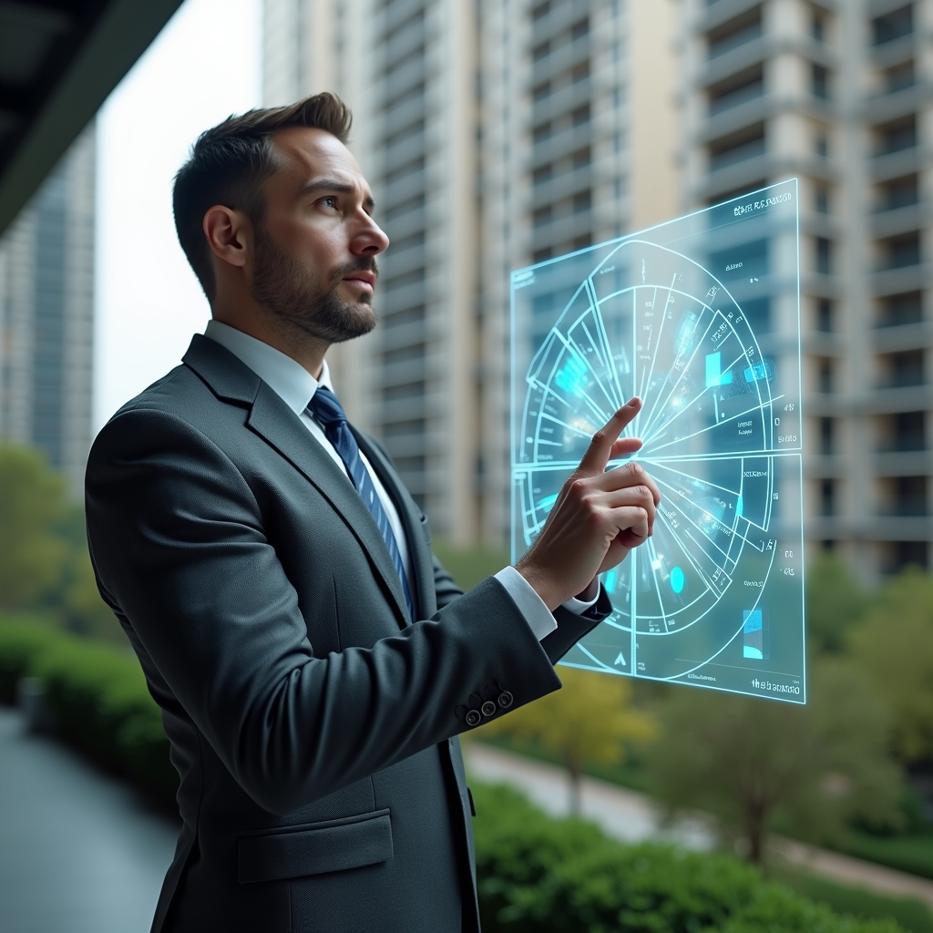 Ultra-realistic condominium manager in a charcoal gray suit, set in a modern luxury condominium environment with high-rise buildings and green landscaping, analyzing a holographic pie chart representing ideal fraction calculations, pointing thoughtfully at segmented 3D expense divisions, cinematic lighting, shallow depth of field, highly detailed textures, realistic skin, photographic realism, 8k resolution --ar 1:1 --v 6
