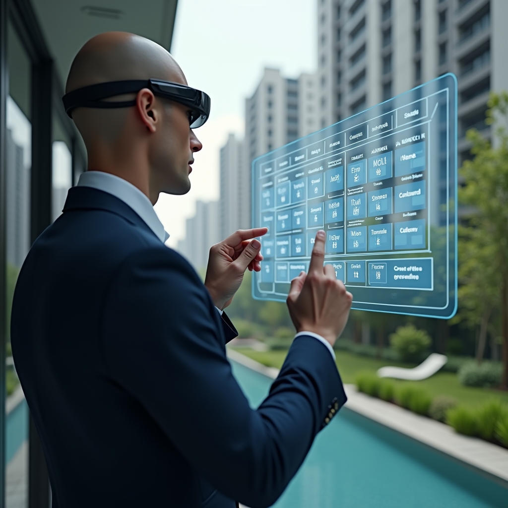 Ultra-realistic condominium manager in a navy suit, set in a modern luxury condominium environment with high-rise buildings and manicured green landscaping, medium shot focusing on the character interacting with a holographic calendar interface displaying scheduled tasks and timeline icons, confident and focused expression, cinematic lighting, shallow depth of field, highly detailed textures, realistic skin, photographic realism, 8k resolution --ar 1:1 --v 6