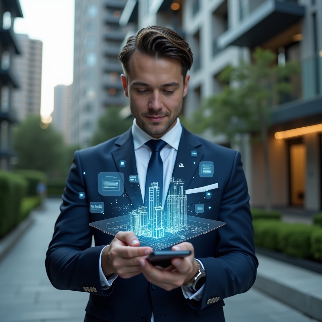 (Ultra-realistic condominium manager in a tailored navy suit, set in a modern luxury condominium environment with high-rise buildings and manicured green gardens, holding a smartphone projecting a holographic interface of building blueprints and financial charts, confident and focused expression, glowing app icons and digital communication symbols surrounding them, cinematic lighting, shallow depth of field, highly detailed textures, realistic skin, photographic realism, 8k resolution --ar 1:1 --v 6)