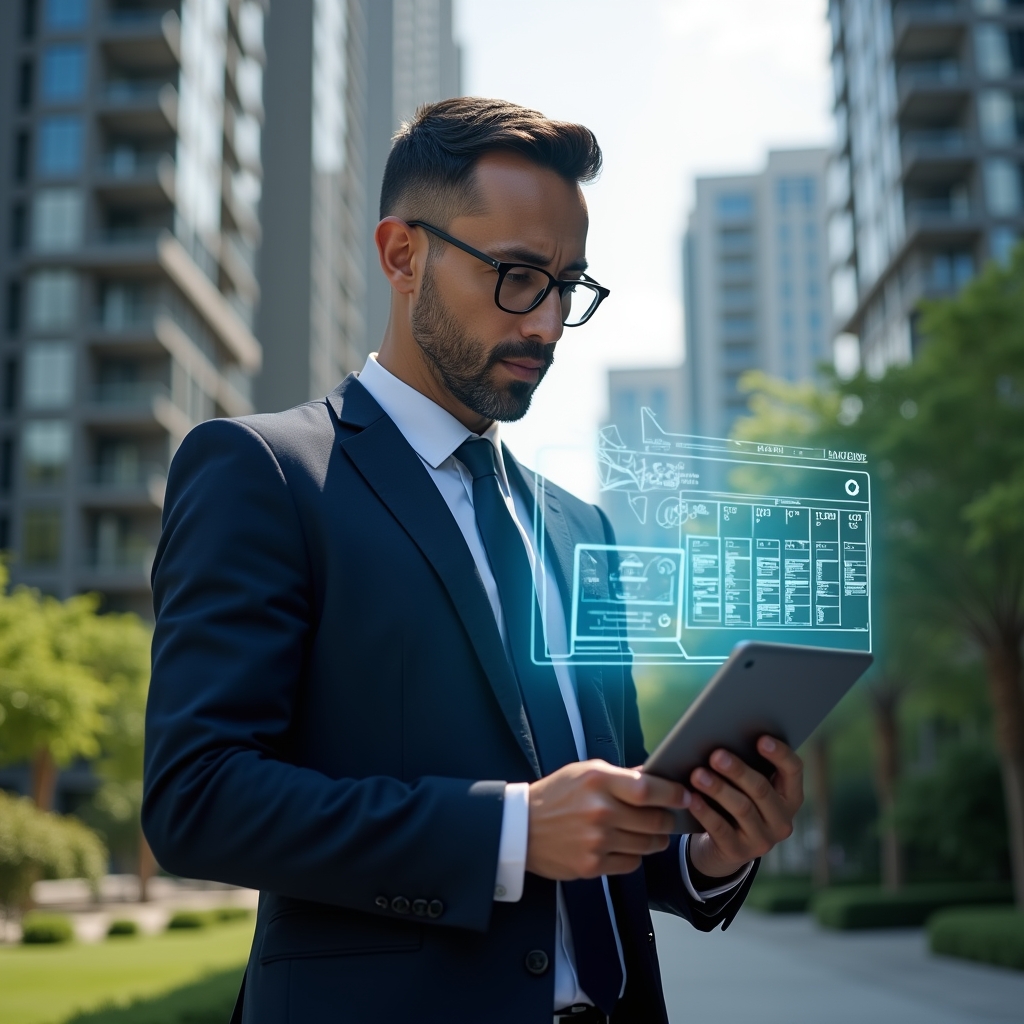 Ultra-realistic condominium manager in a tailored navy suit, set in a modern luxury condominium environment with high-rise buildings and lush green landscaping, holding a tablet projecting a holographic activity schedule calendar, confidently reviewing upcoming tasks, subtle floating icons of gears and checkmarks symbolizing efficient planning, cinematic lighting, shallow depth of field, highly detailed textures, realistic skin, photographic realism, 8k resolution --ar 1:1 --v 6