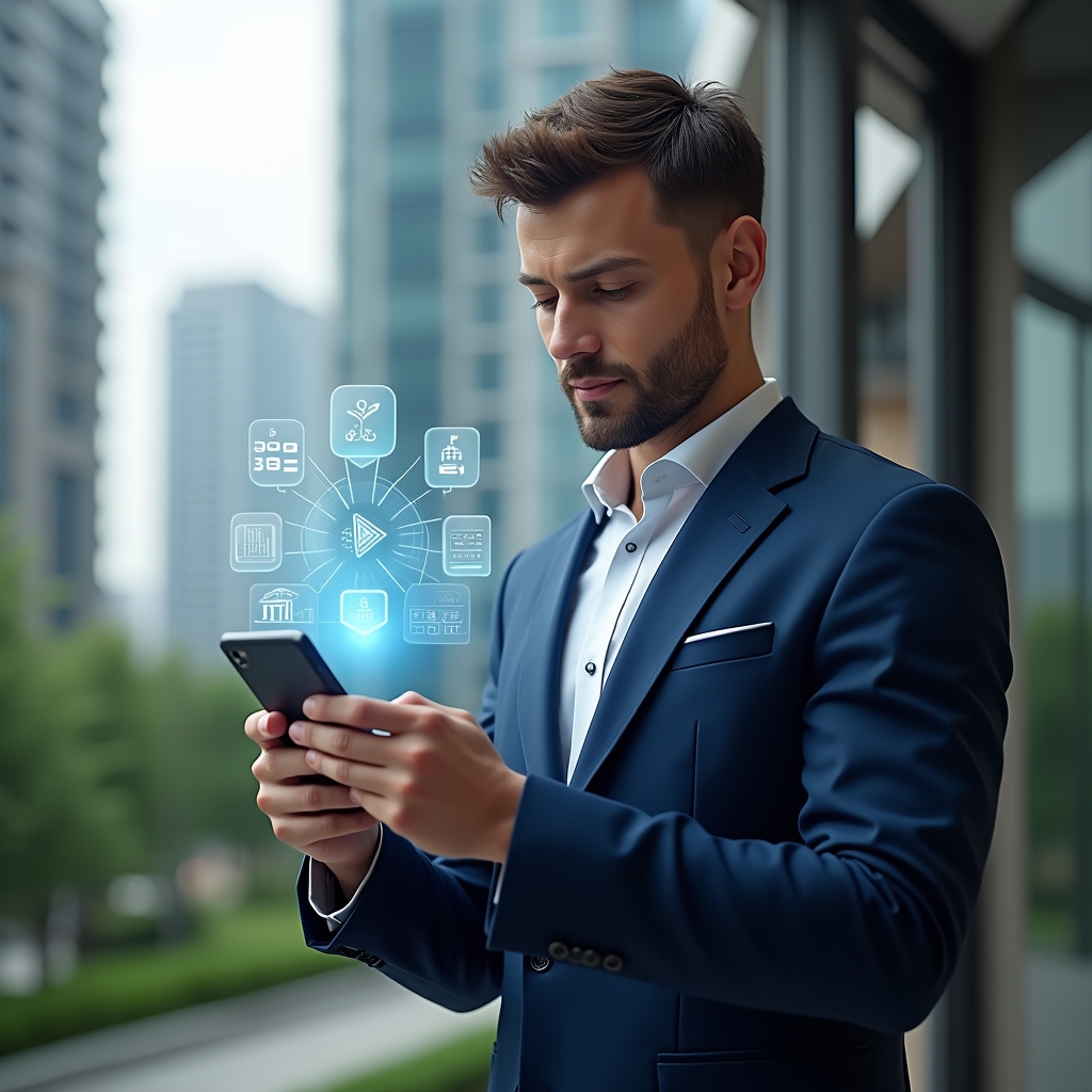(Ultra-realistic condominium manager in a navy blue executive suit, set in a modern luxury condominium environment with high-rise buildings and manicured greenery, holding a holographic smartphone interface with floating icons for messaging, space reservations and billing, looking confidently at the display, futuristic holographic elements representing an integrated management app dashboard, cinematic lighting, shallow depth of field, highly detailed textures, realistic skin, photographic realism, 8k resolution --ar 1:1 --v 6)