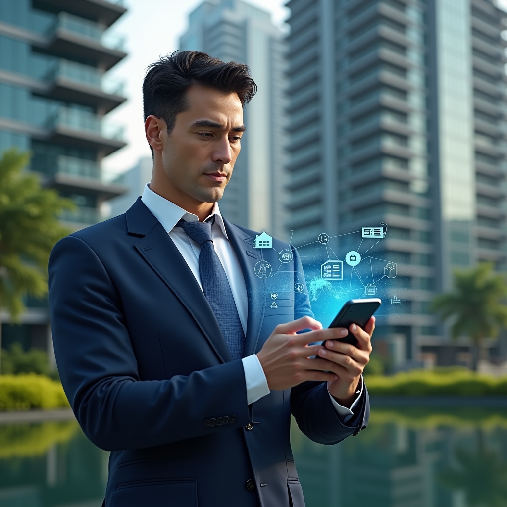(Ultra-realistic condominium property manager in a sleek navy-blue suit, set in a modern luxury condominium environment with high-rise glass buildings and lush green landscaping, holding a holographic smartphone interface displaying condominium app icons, analyzing data with a confident expression, cinematic lighting, shallow depth of field, highly detailed textures, realistic skin, photographic realism, 8k resolution --ar 1:1 --v 6)