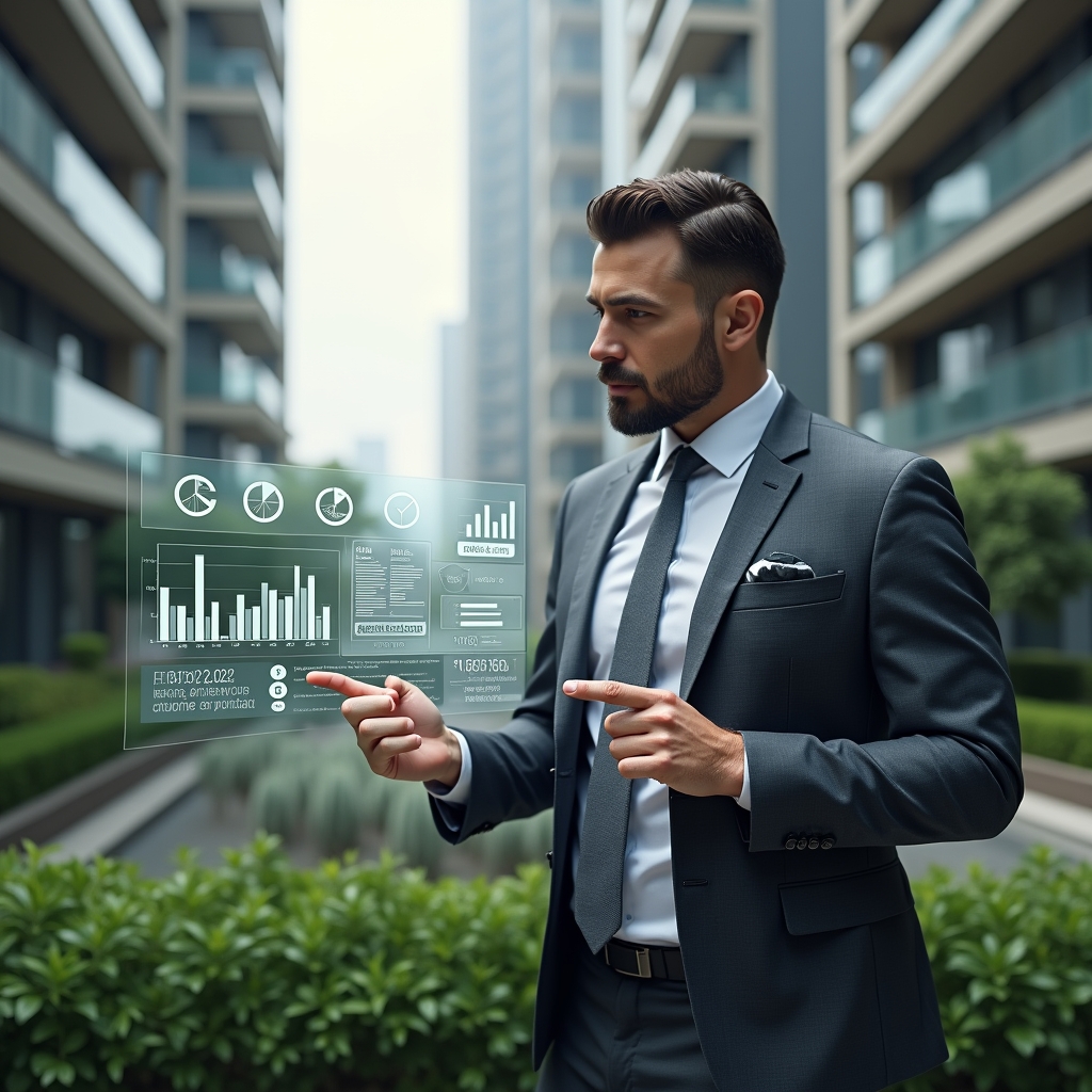 Ultra-realistic condominium manager in a tailored charcoal grey suit, set in a modern luxury condominium environment with high-rise buildings and manicured green landscaping, reviewing holographic financial charts and pointing at floating invoices and budget reports, conveying focused confidence, cinematic lighting, shallow depth of field, highly detailed textures, realistic skin, photographic realism, 8k resolution --ar 1:1 --v 6