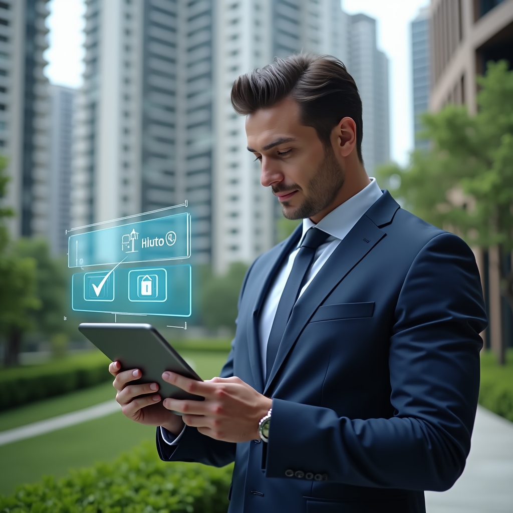 Ultra-realistic condominium manager in a navy blue executive suit, set in a modern luxury condominium environment with high-rise buildings and manicured green landscaping, medium shot of a confident professional holding a digital tablet displaying a holographic maintenance schedule timeline, floating checklist icons beside them, cinematic lighting, shallow depth of field, highly detailed textures, realistic skin, photographic realism, 8k resolution --ar 1:1 --v 6